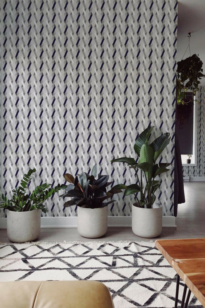 Scandinavian style living room decorated with Gray zig zag peel and stick wallpaper