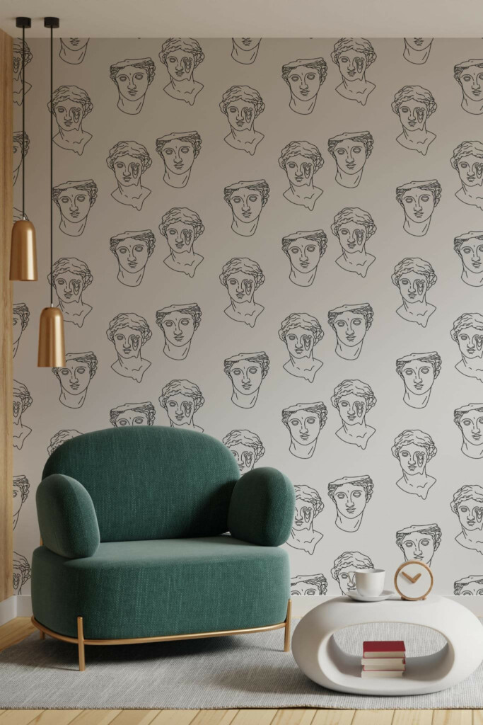 Contemporary style living room decorated with Greek head peel and stick wallpaper