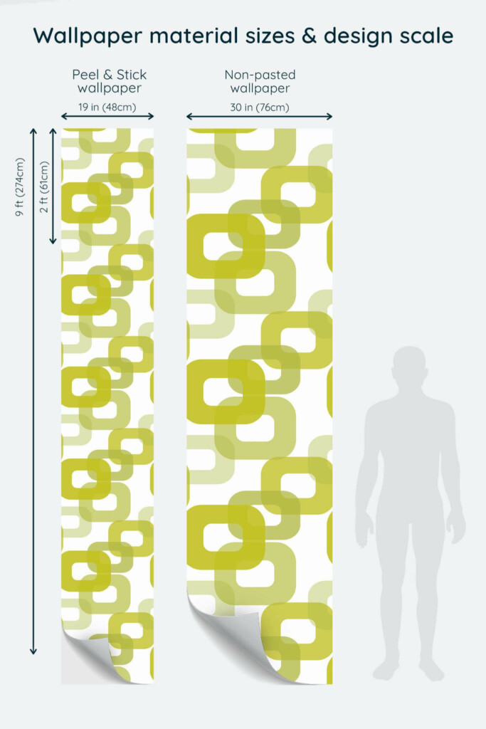 Size comparison of Green 70s retro Peel & Stick and Non-pasted wallpapers with design scale relative to human figure