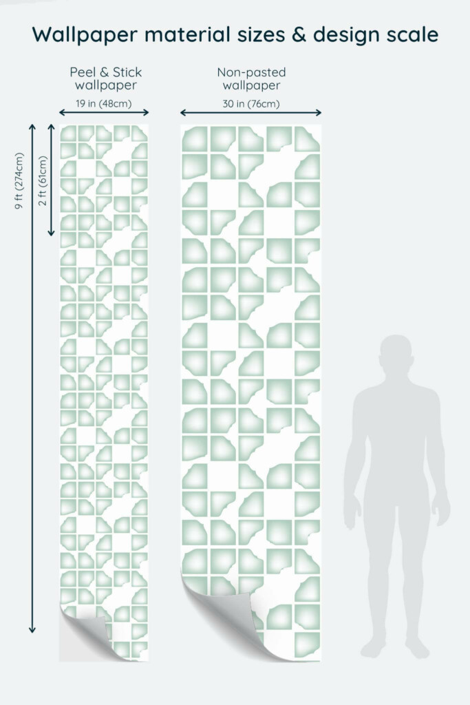 Size comparison of Green abstract geometric shapes Peel & Stick and Non-pasted wallpapers with design scale relative to human figure