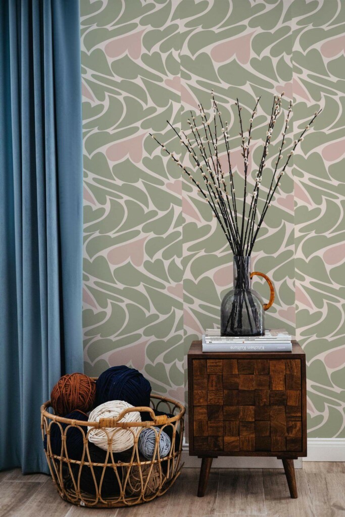 Coastal style living room decorated with Green abstract heart peel and stick wallpaper