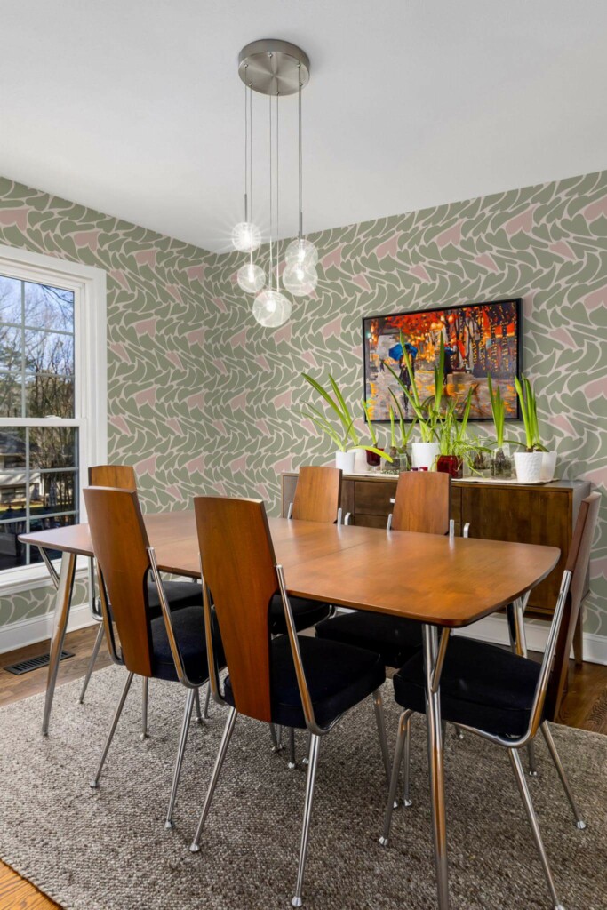 MId-century modern style dining room decorated with Green abstract heart peel and stick wallpaper