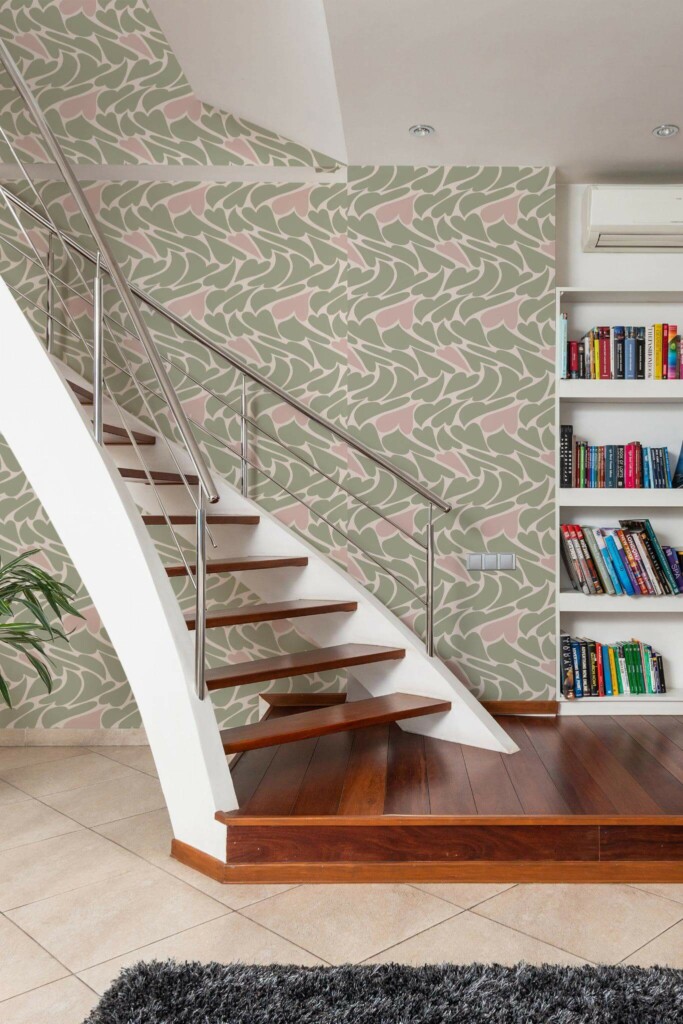 Modern style hallway with stairs decorated with Green abstract heart peel and stick wallpaper