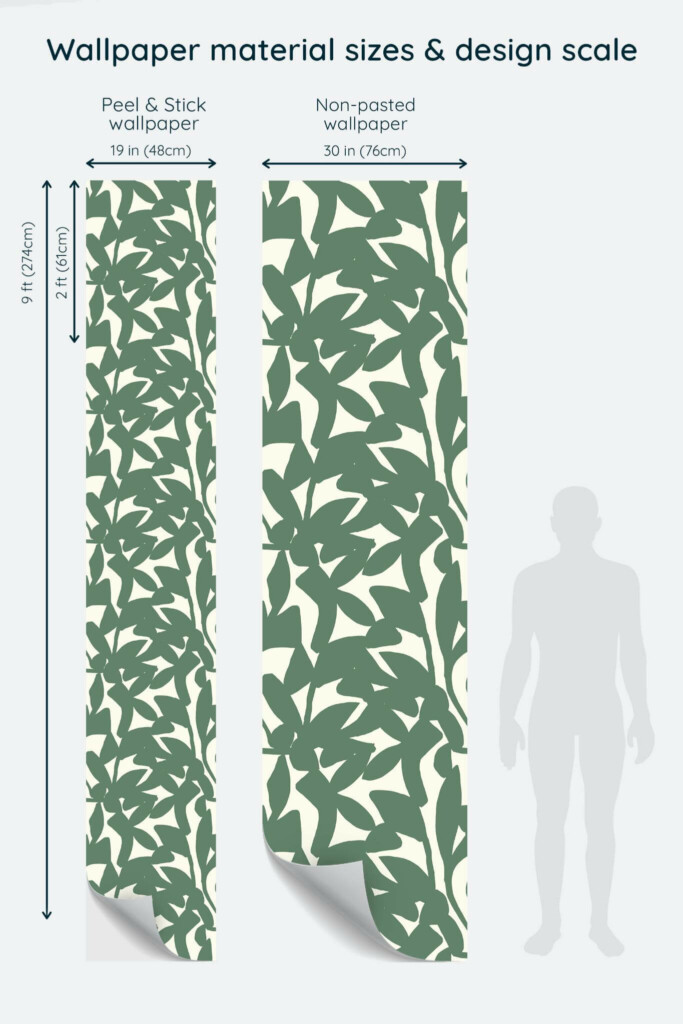 Size comparison of Green Abstract Leaves Peel & Stick and Non-pasted wallpapers with design scale relative to human figure