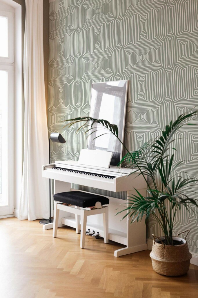 Modern style living room with a piano decorated with Green abstract line peel and stick wallpaper
