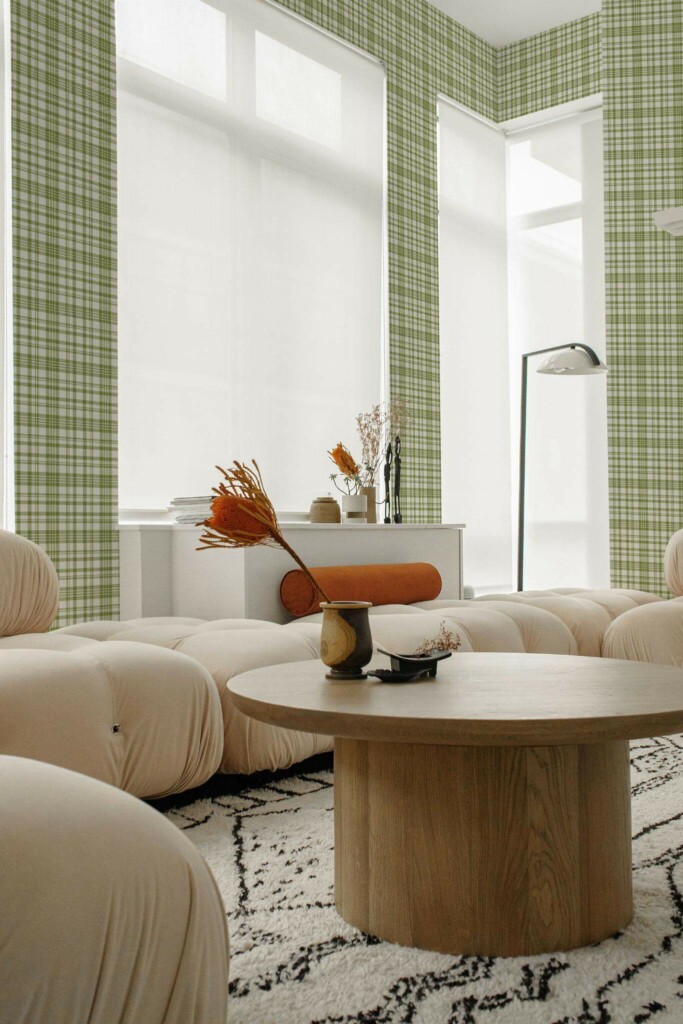 Contemporary style living room decorated with Green Aesthetic Plaid peel and stick wallpaper
