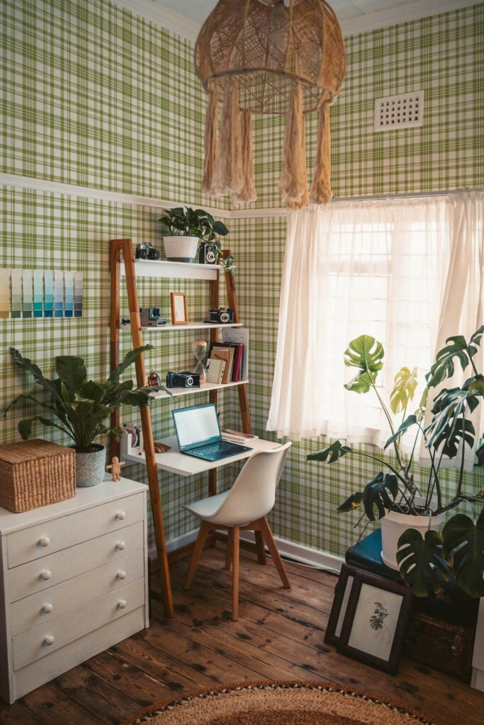 Scandinavian boho style home office decorated with Green Aesthetic Plaid peel and stick wallpaper