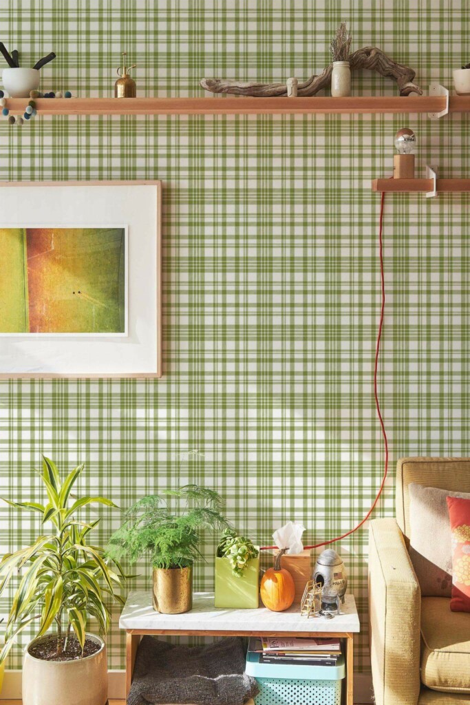 Southwestern style living room decorated with Green Aesthetic Plaid peel and stick wallpaper