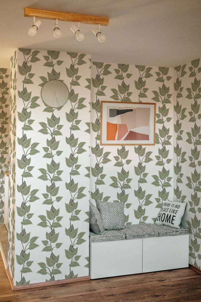 Scandinavian style entryway decorated with Green and beige leaf peel and stick wallpaper
