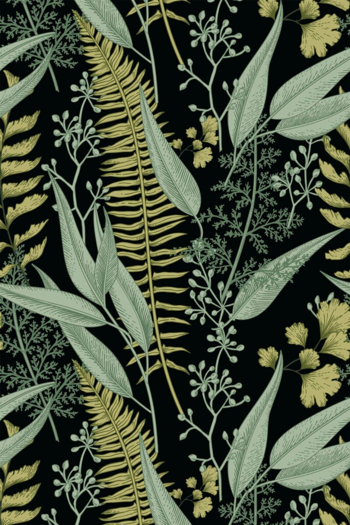 Pattern repeat of Green and black fern leaf removable wallpaper design
