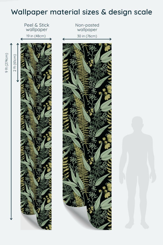 Size comparison of Green and black fern leaf Peel & Stick and Non-pasted wallpapers with design scale relative to human figure
