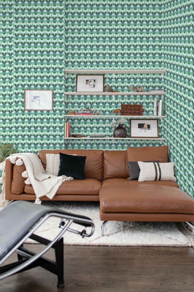Mid-century modern style dining room decorated with Green and blue retro peel and stick wallpaper