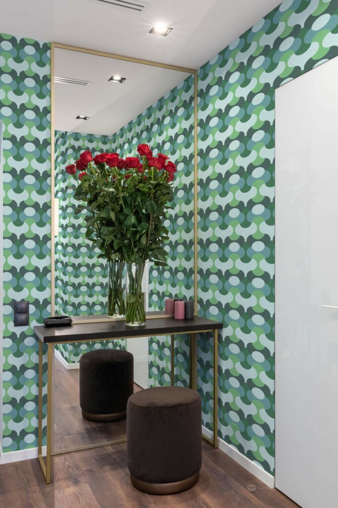 Minimal modern style powder room in a hallway decorated with Green and blue retro peel and stick wallpaper
