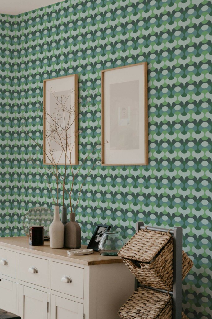 Scandinavian style bedroom decorated with Green and blue retro peel and stick wallpaper