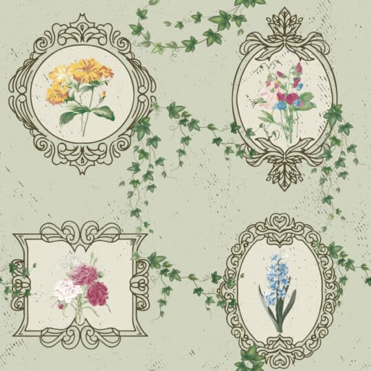 floral green and cream color traditional wallpaper