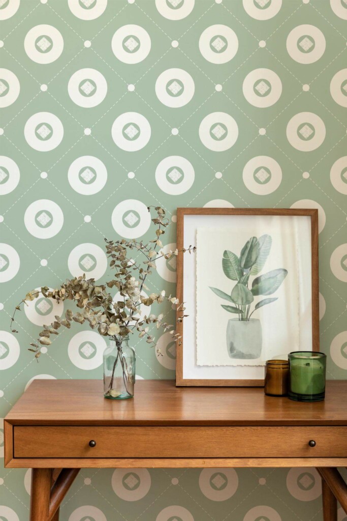 Mid-century modern style living room decorated with Green and white circle peel and stick wallpaper