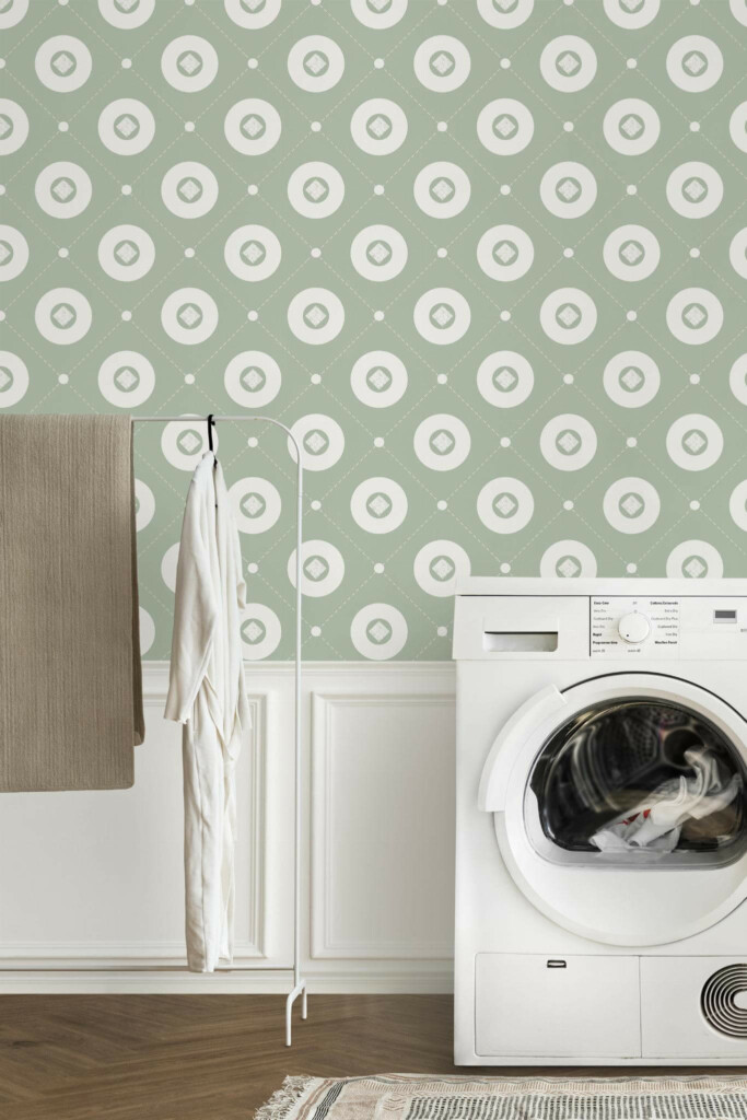 Minimal modern style laundry room decorated with Green and white circle peel and stick wallpaper