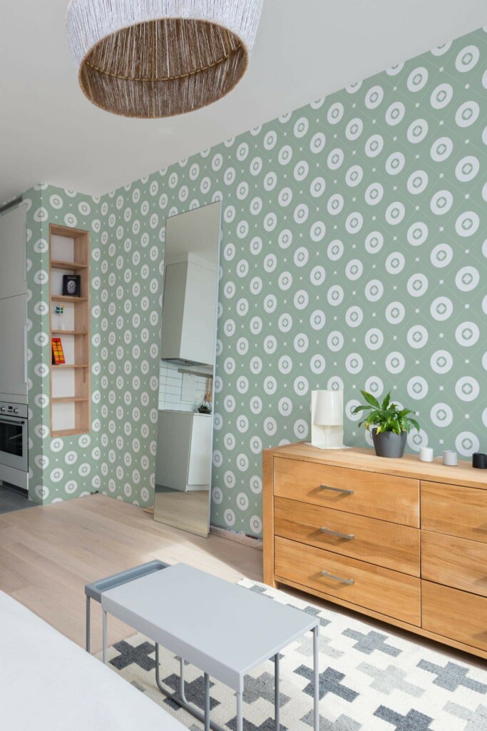 Scandinavian style small apartment decorated with Green and white circle peel and stick wallpaper