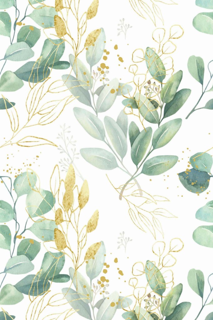 Pattern repeat of Green and white eucalyptus leaf removable wallpaper design