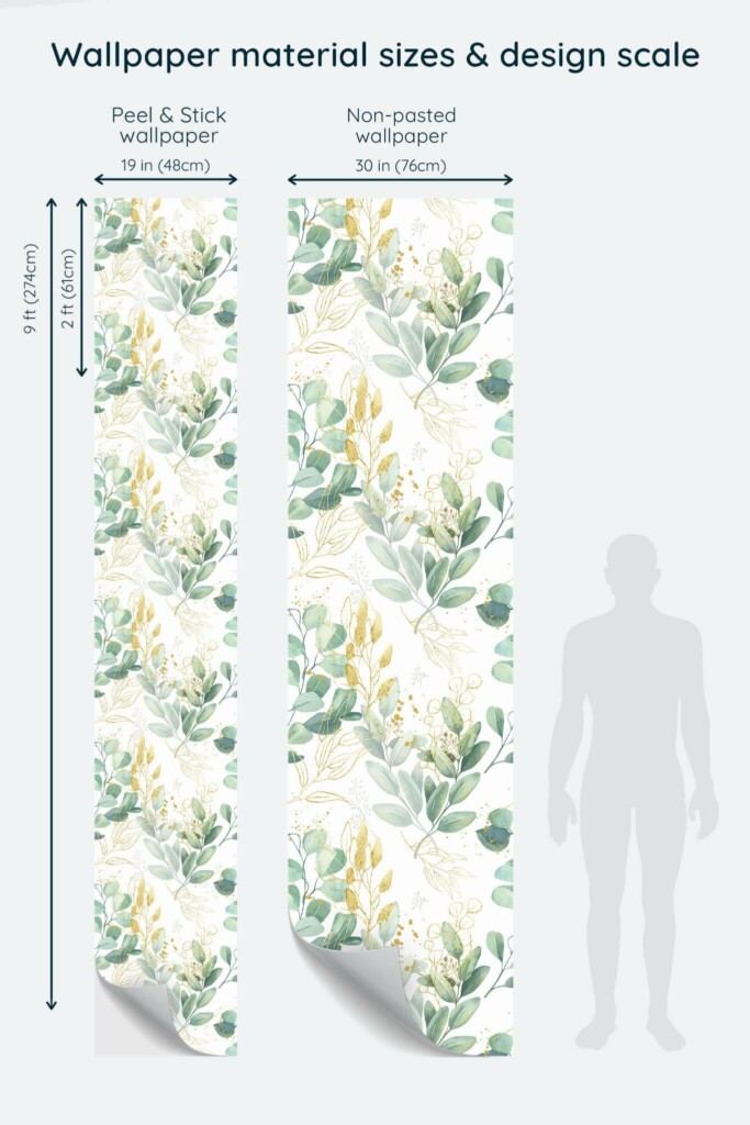 Size comparison of Green and white eucalyptus leaf Peel & Stick and Non-pasted wallpapers with design scale relative to human figure