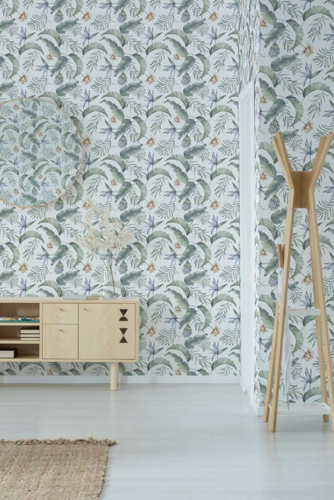 Minimal style entryway decorated with Green and white tropical leaf peel and stick wallpaper