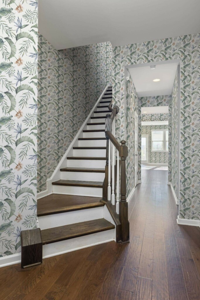 Rustic style hallway decorated with Green and white tropical leaf peel and stick wallpaper