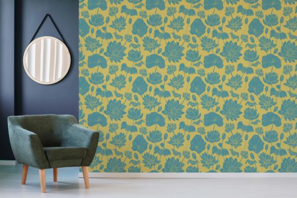 Teal and yellow dahlia peel and stick removable wallpaper