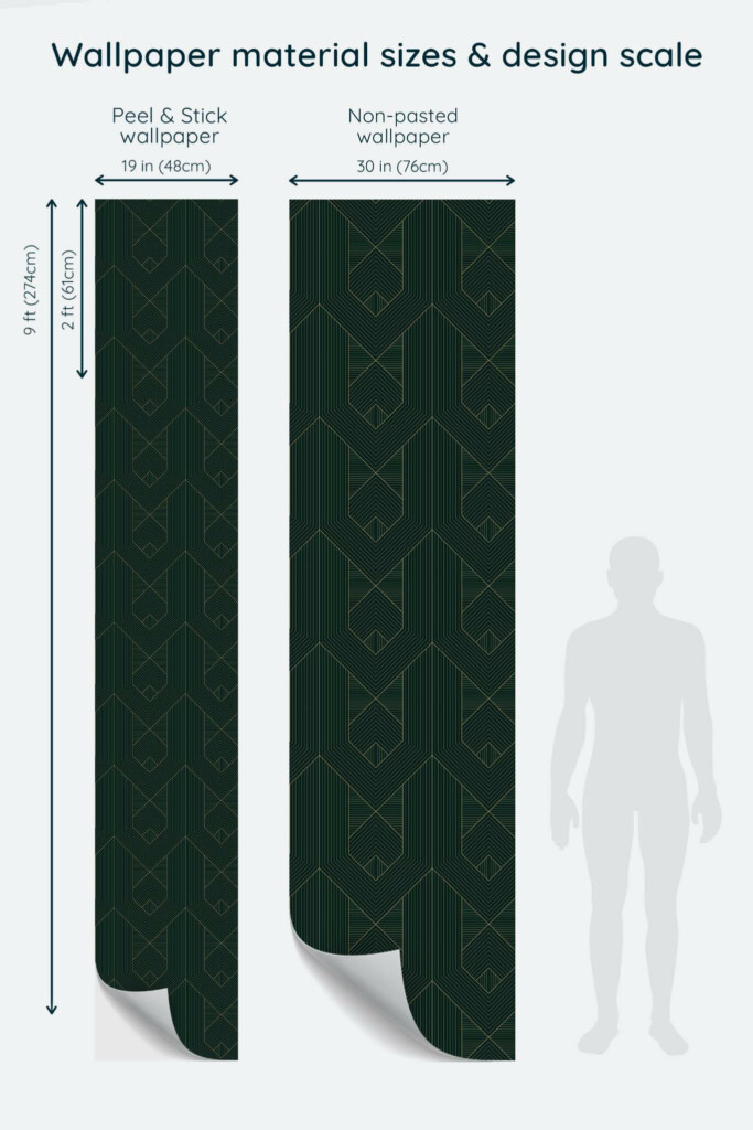 Size comparison of Green Art Deco geometric Peel & Stick and Non-pasted wallpapers with design scale relative to human figure