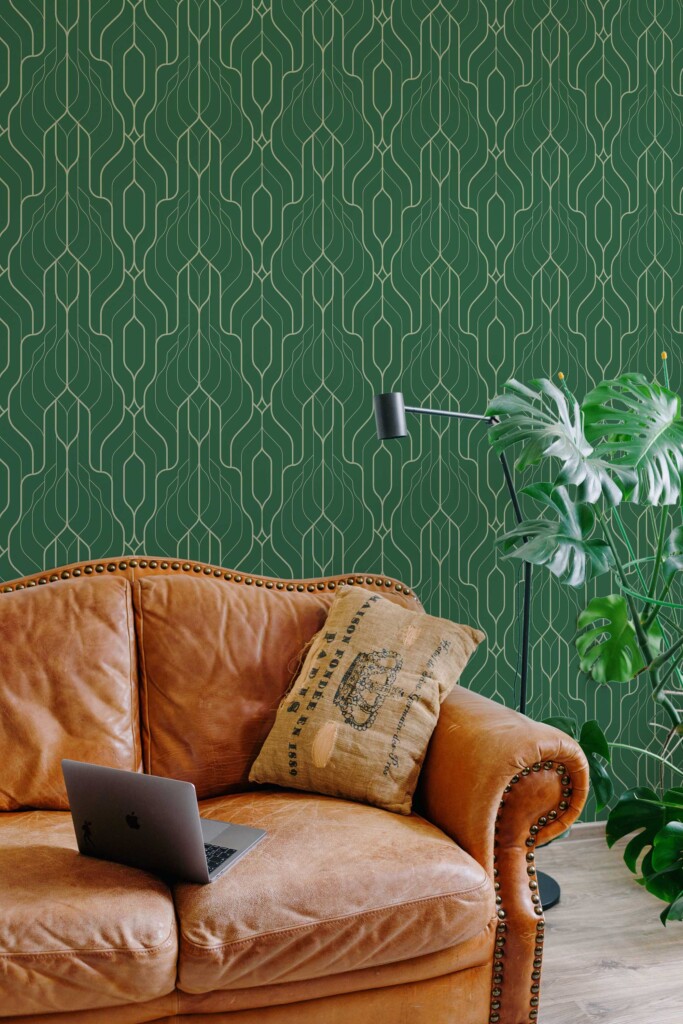 Fancy Walls thin gold line removable wallpaper in green deco style. Art Deco Forest Elegance wallpaper in modern living room interior