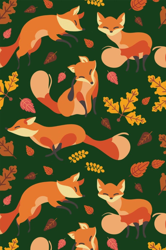 Pattern repeat of Green Autumn Foxies removable wallpaper design
