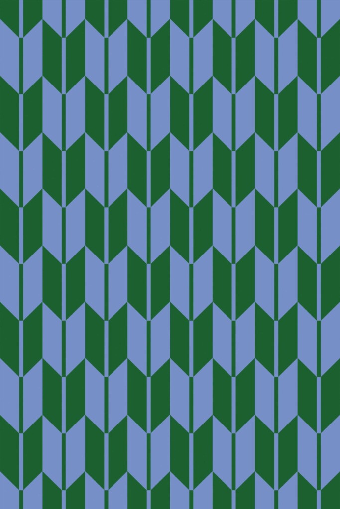 A close-up of the Herringbone Flow wallpaper shows detailed chevron-shaped columns in green and blue, forming an optical rhythm that suits vibrant cafes or accent walls. The retro-inspired geometry is ideal for eclectic interiors. Fancy Walls peel and stick or non-pasted wallpaper using GreenGuard certified inks.