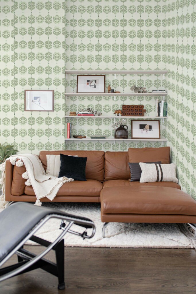 Mid-century modern style dining room decorated with Green boho leaf peel and stick wallpaper