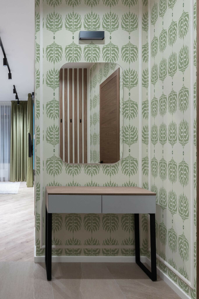 Modern scandinavian style entryway decorated with Green boho leaf peel and stick wallpaper