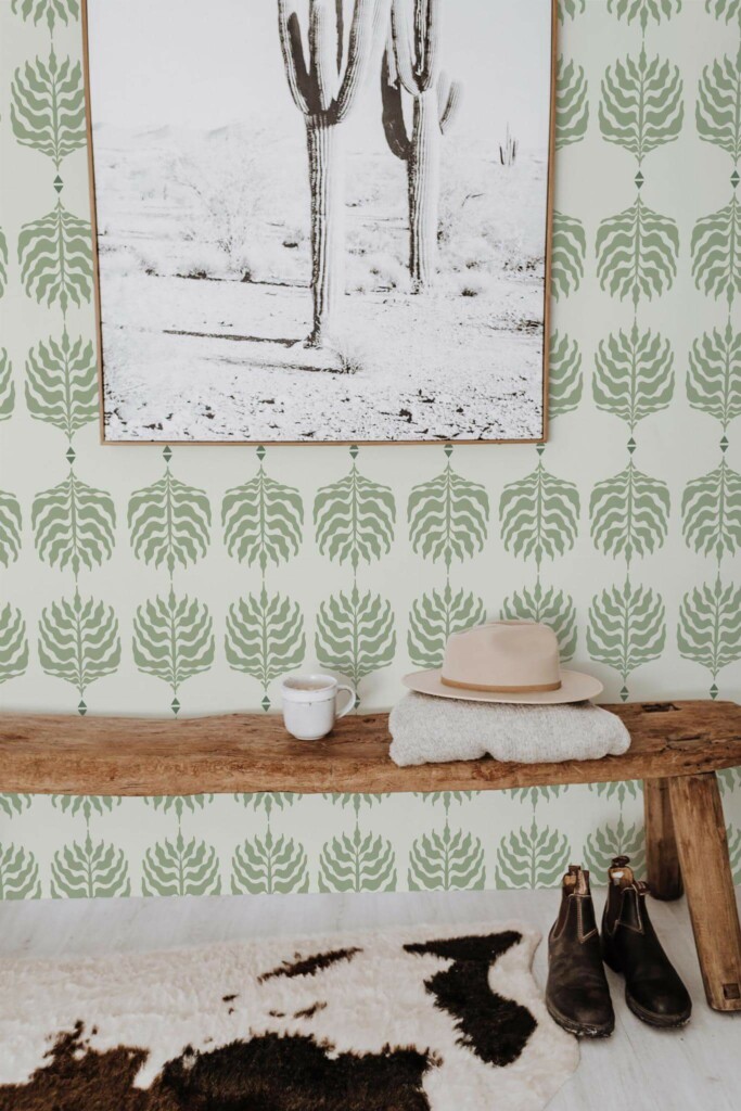 Scandinavian style entryway decorated with Green boho leaf peel and stick wallpaper
