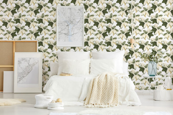 Bold green and cream color leaf wallpaper for walls