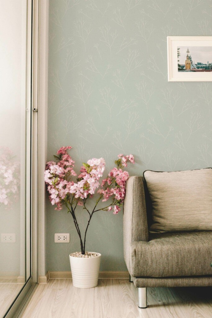Modern farmhouse style living room decorated with Green branch peel and stick wallpaper