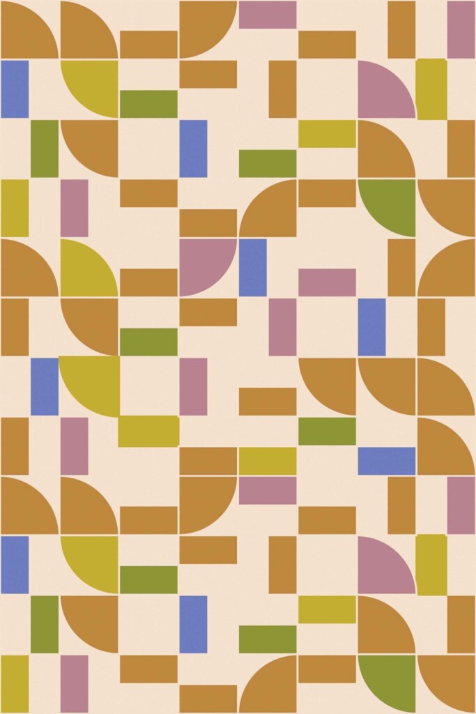Groovy Geometric wallpaper in close-up view showing mid-century inspired tile shapes in green, mustard, lilac, blue, and beige. Ideal for colorful bakery walls or retro café interiors with a playful vibe.