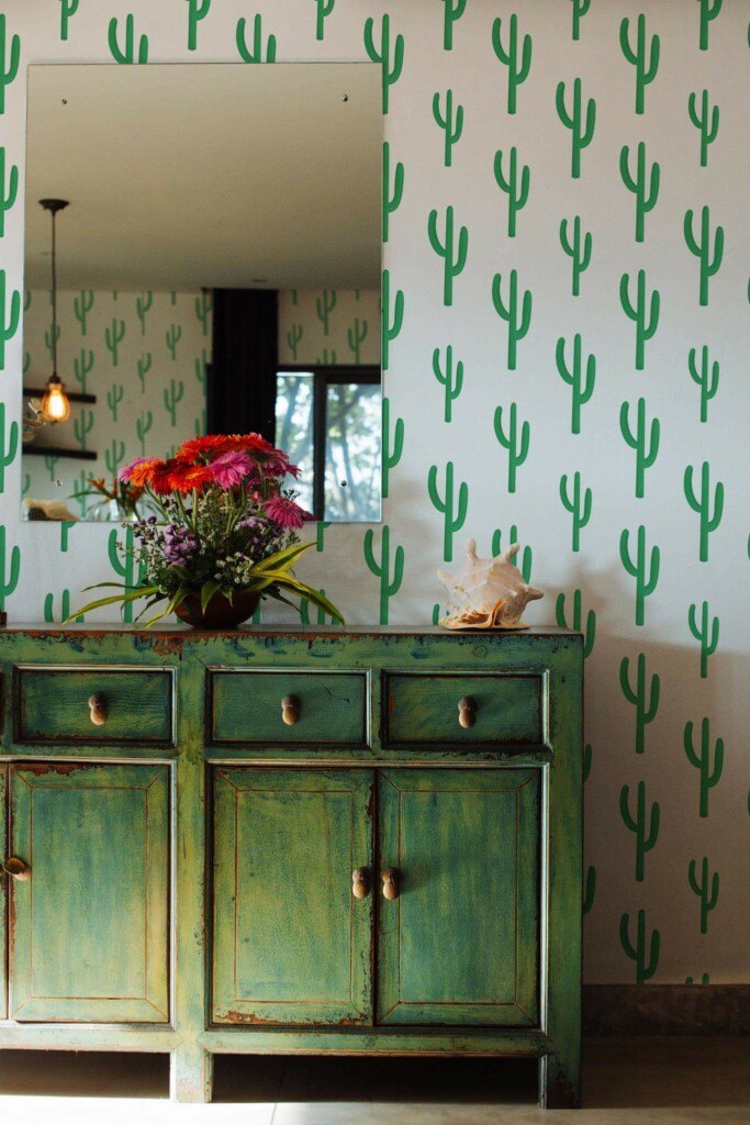 Industrial style living room decorated with Green cactus plant peel and stick wallpaper