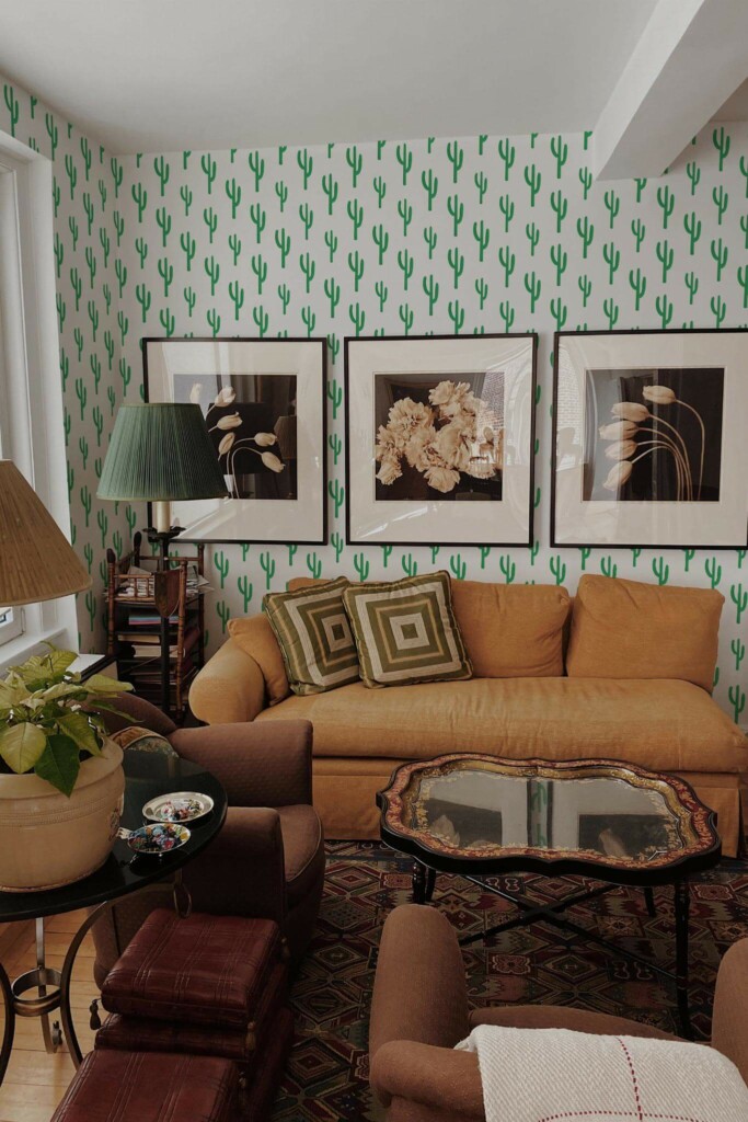 Mid-century eclectic style living room decorated with Green cactus plant peel and stick wallpaper