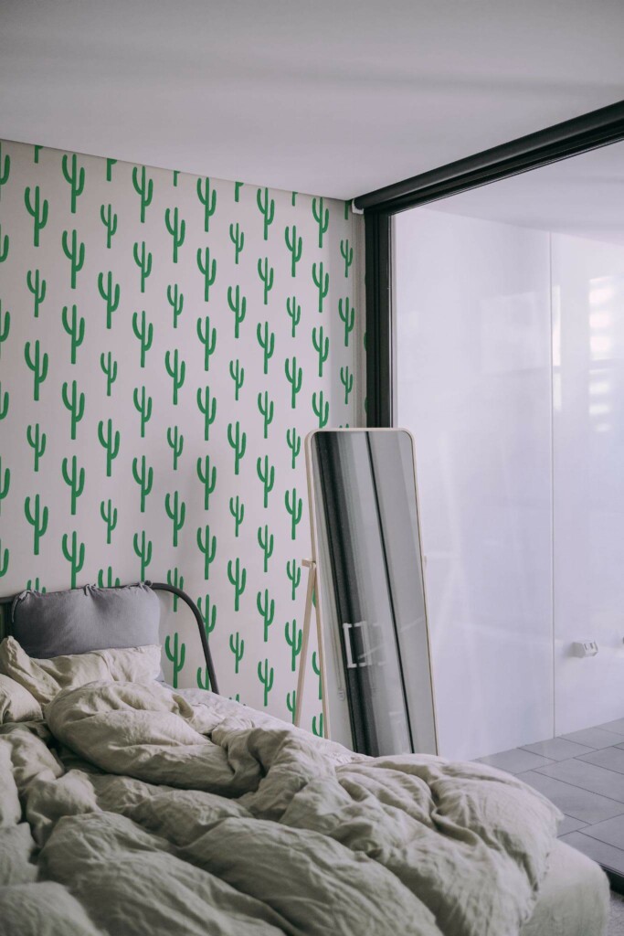 Minimal style bedroom decorated with Green cactus plant peel and stick wallpaper