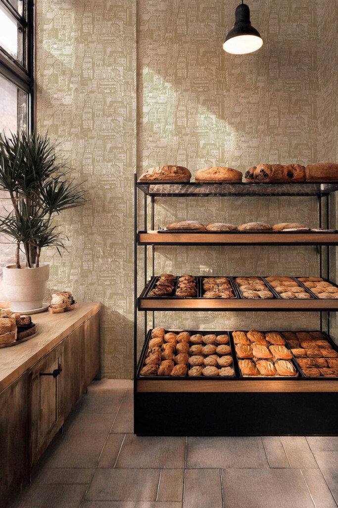 Bakery-themed retail setting styled with fresh bread shelves against a background of Town Bakery green wallpaper. The seamless illustrated cityscape design in olive green hues adds personality and a sense of place to the commercial space. Suited for artisan bakeries, cafés, or cozy hospitality settings in eclectic or rustic styles.
