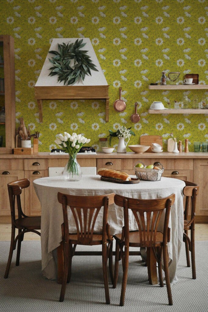 Boho farmhouse style kitchen dining room decorated with Green chamomile peel and stick wallpaper