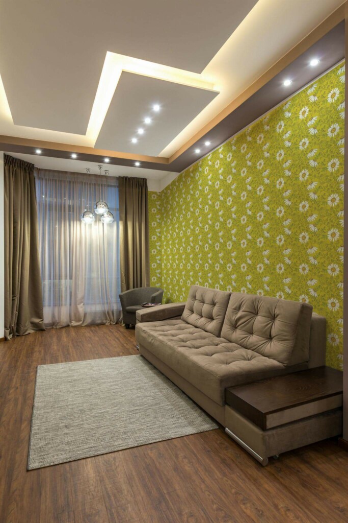 Modern Eastern European style living room decorated with Green chamomile peel and stick wallpaper