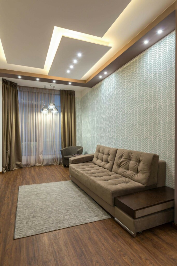 Modern Eastern European style living room decorated with Green chevron peel and stick wallpaper