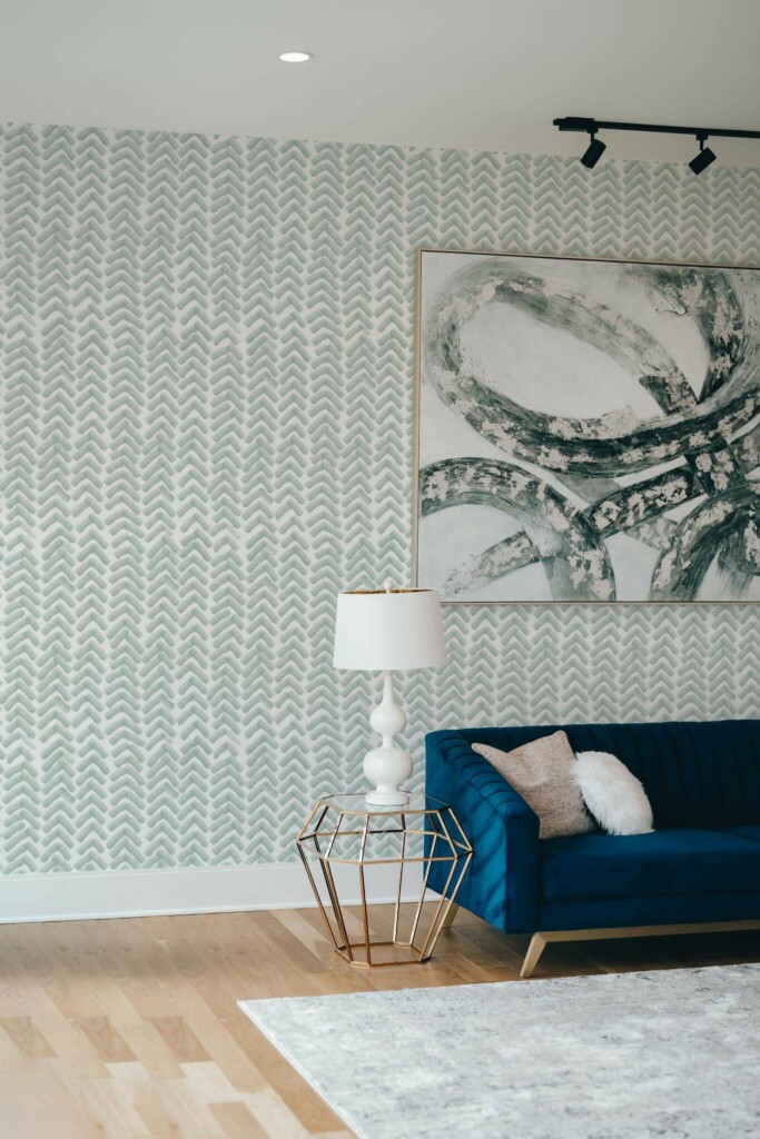 Modern style living room decorated with Green chevron peel and stick wallpaper