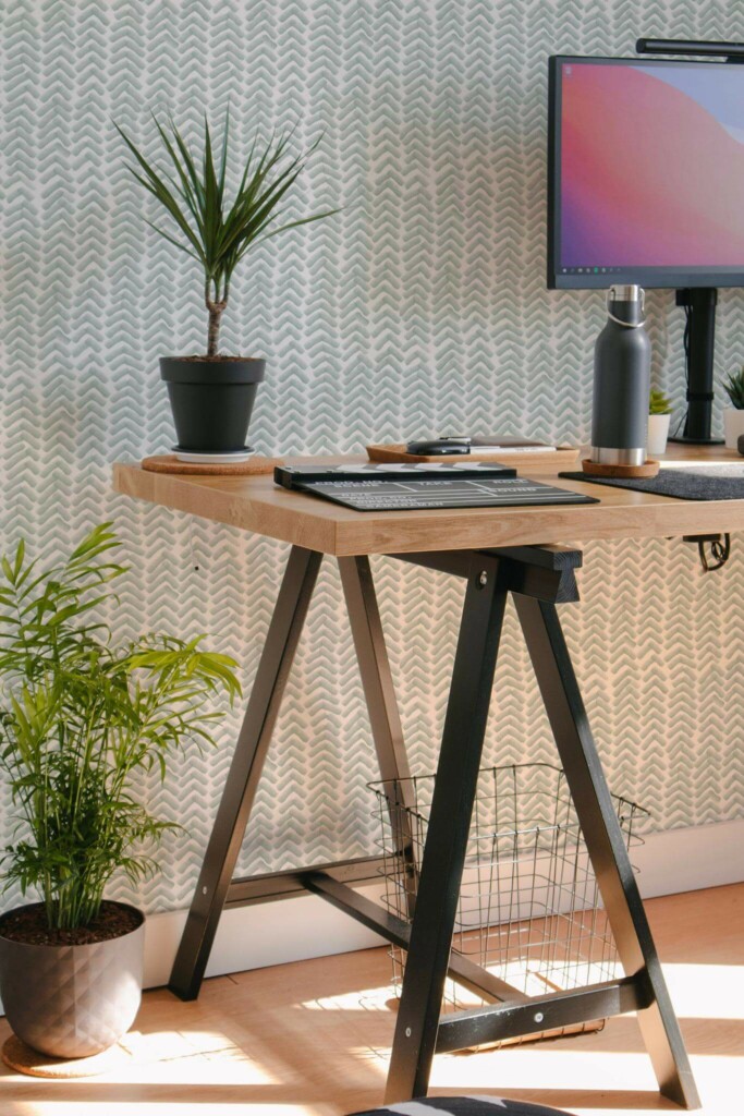 Scandinavian style home office decorated with Green chevron peel and stick wallpaper