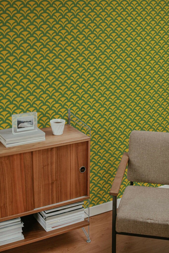 Mid-century style living room decorated with Green china pattern peel and stick wallpaper