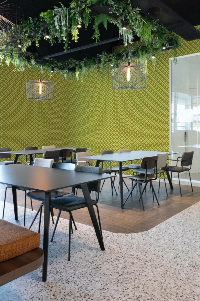 Modern style cafe decorated with Green china pattern peel and stick wallpaper