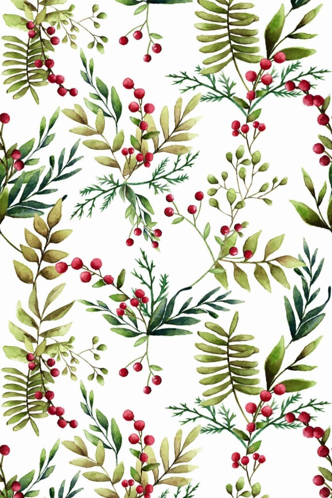 Pattern repeat of Green Christmas mistletoe removable wallpaper design
