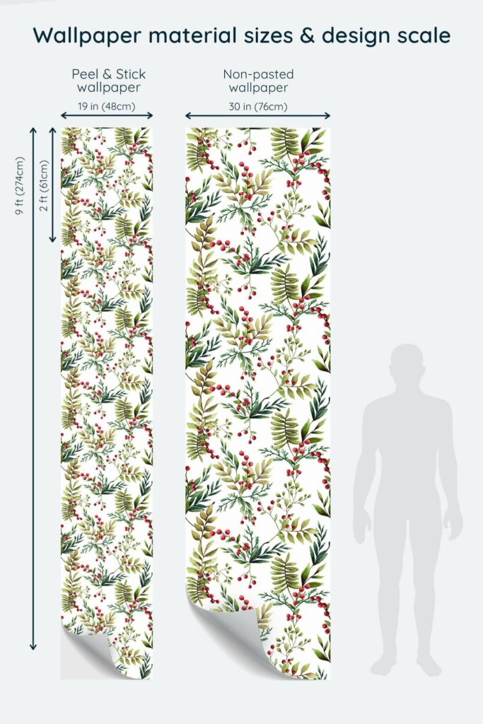 Size comparison of Green Christmas mistletoe Peel & Stick and Non-pasted wallpapers with design scale relative to human figure